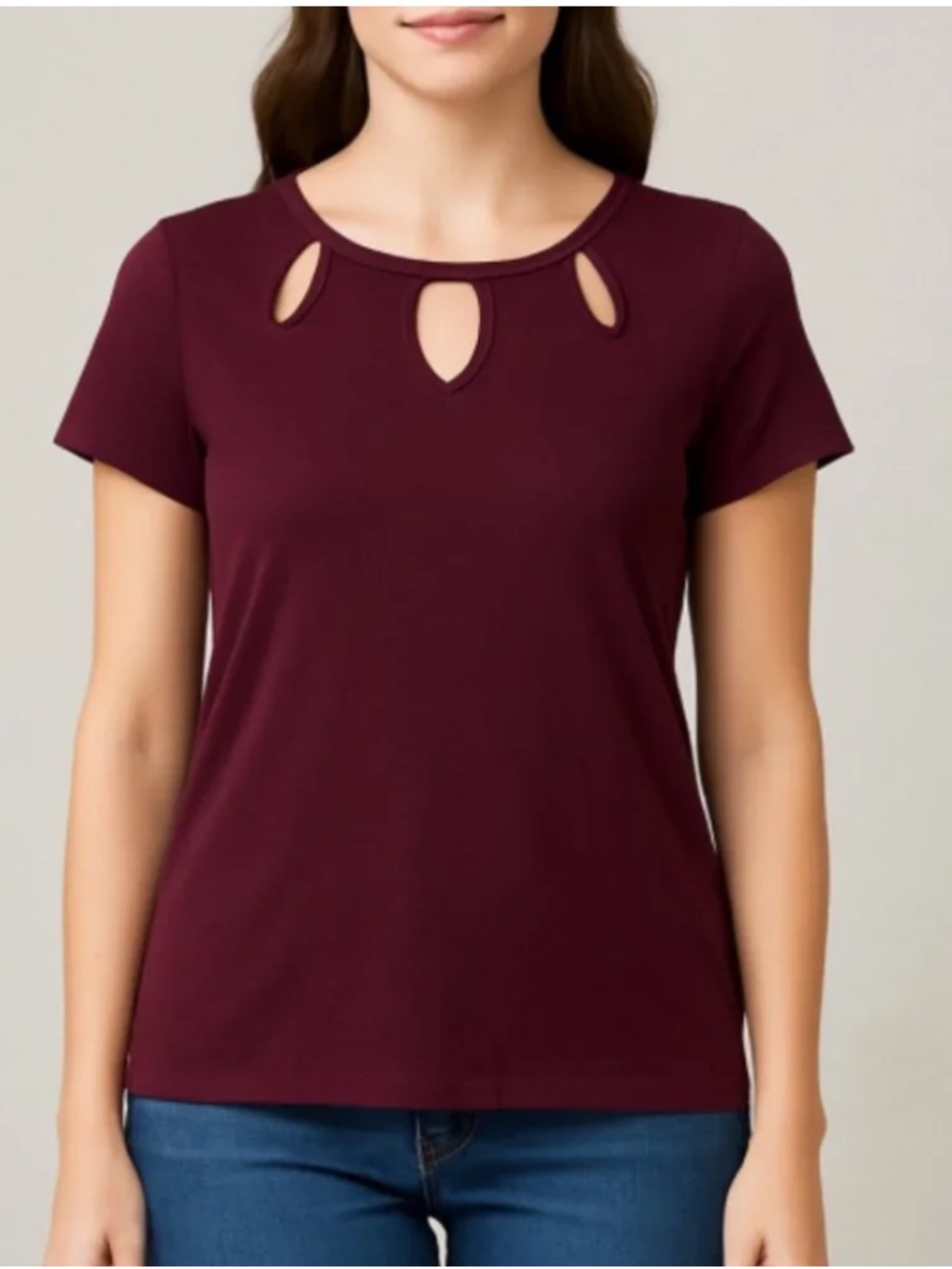 NWT Jennifer Lopez Women's Burgundy Keyhole Cutout Short Sleeve Shirt, size XL